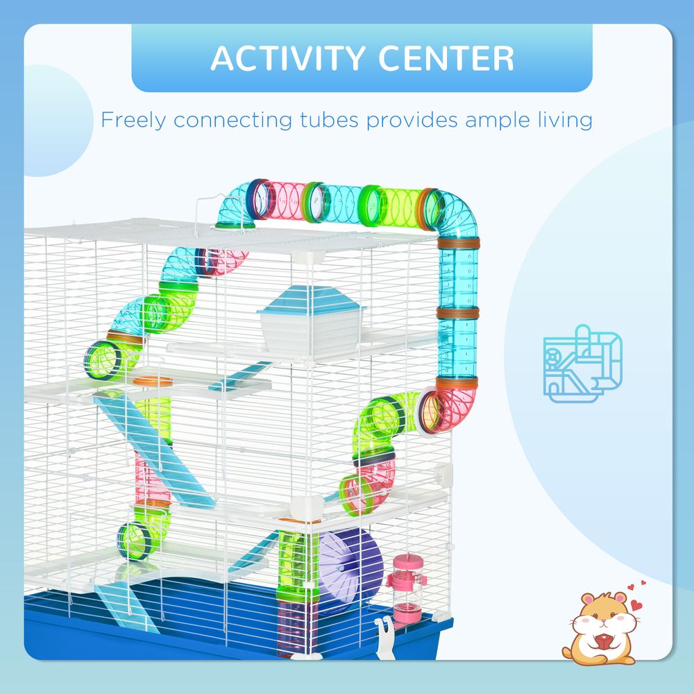 Five-Level Hamster Cage with Tubes, Water Bottle, Exercise Wheel, Ramps - Blue