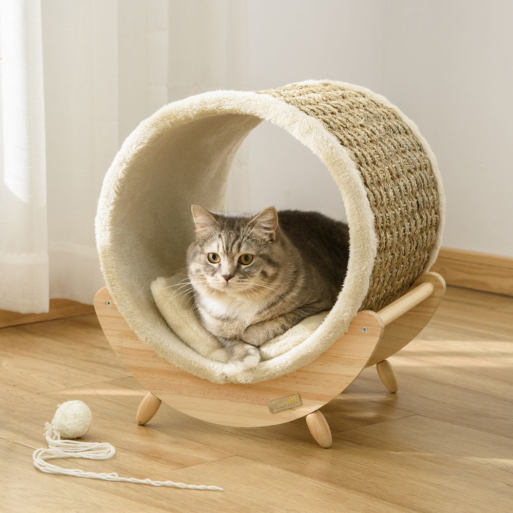 Elevated Cat House Kitten Bed Pet Shelter with Scratcher Cushion - Beige