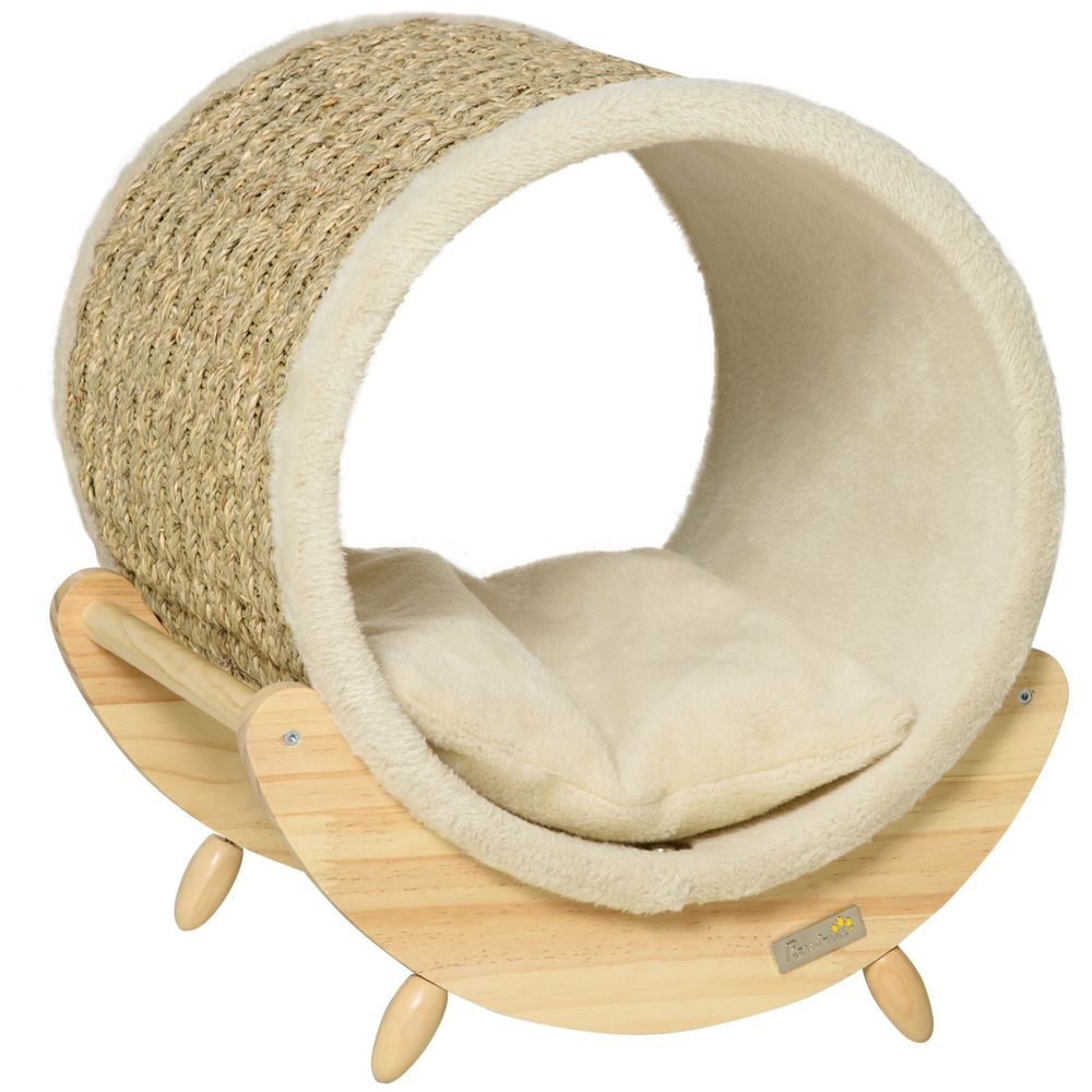 Elevated Cat House Kitten Bed Pet Shelter with Scratcher Cushion - Beige