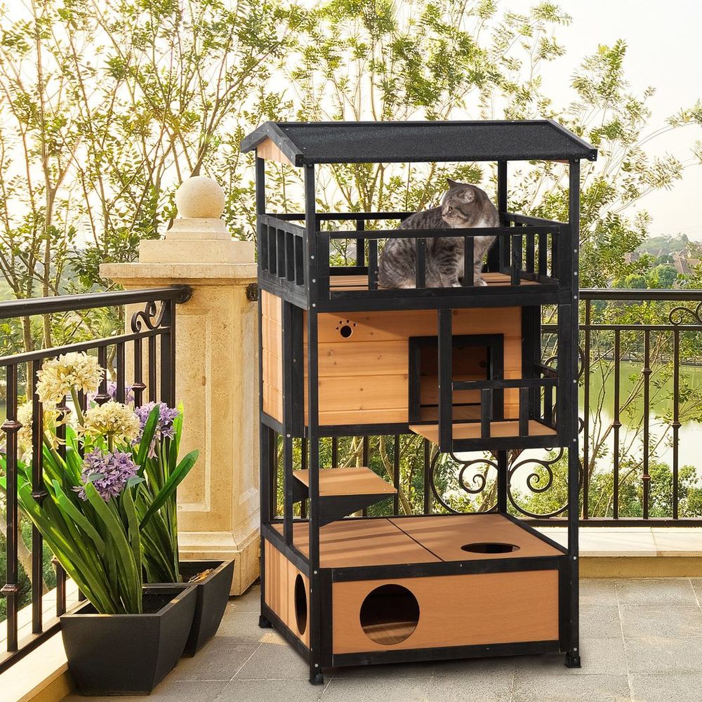 Wooden Outdoor Cat House 3-Tier Kitten Shelter with Tilted Roof Yellow