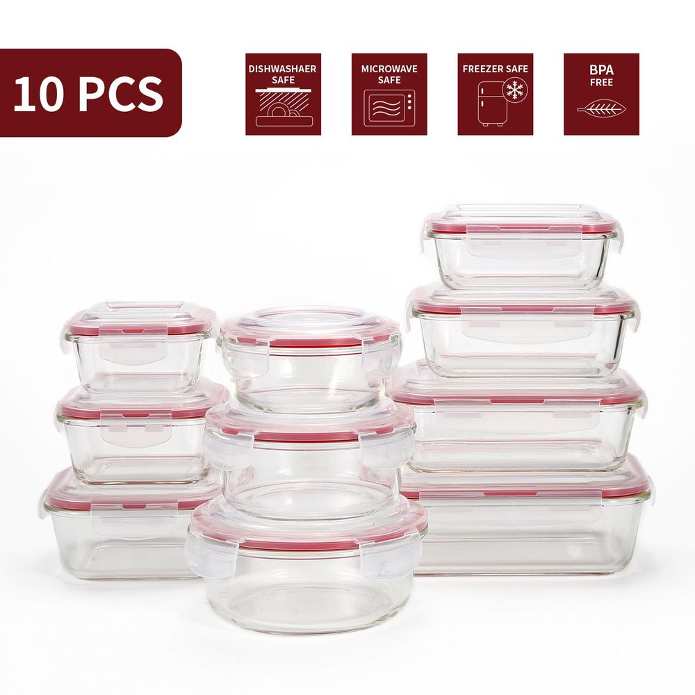 10 PCs Rectangle/Square/Round Airtight Glass Food Containers with Lids -Storage Kitchen Containers