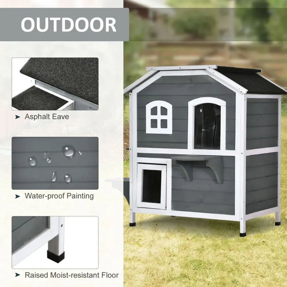 Grey Fir Wood Cat Condo with Openable Roof - Outdoor/Indoor