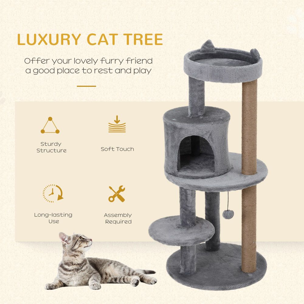 104cm Deluxe Cat Activity Tree with Scratching Posts Ear Perch House - Grey