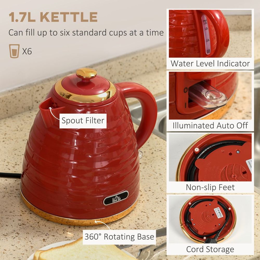 Kettle and Toaster Set 1.7L Rapid Boil Kettle & 4 Slice Toaster - Red