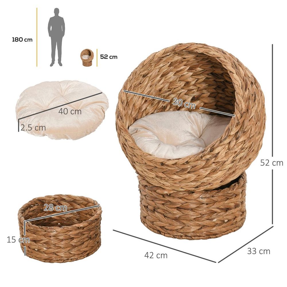 Wicker Cat House with Raised Cat Bed and Cylindrical Base - 42 x 33 x 52cm