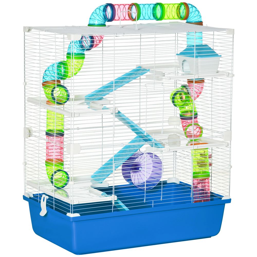 Five-Level Hamster Cage with Tubes, Water Bottle, Exercise Wheel, Ramps - Blue