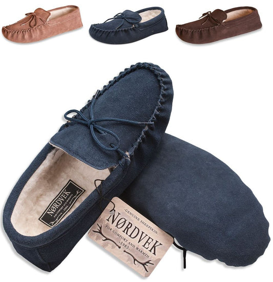 Nordvek Mens Sheepskin Suede Moccasin Slippers With Suede Sole