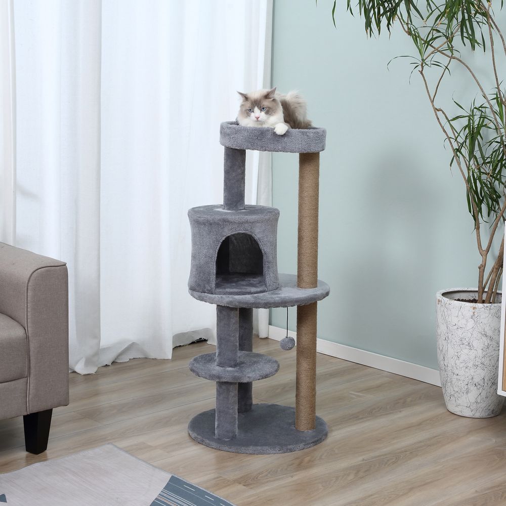 104cm Deluxe Cat Activity Tree with Scratching Posts Ear Perch House - Grey