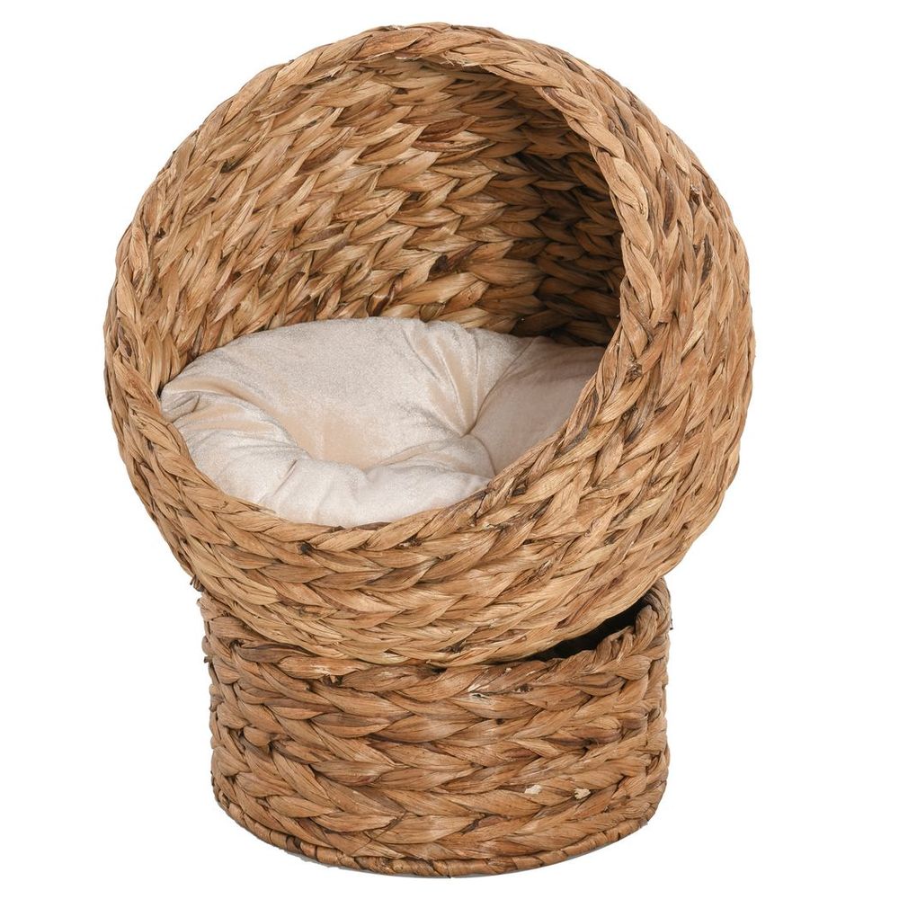 Wicker Cat House with Raised Cat Bed and Cylindrical Base - 42 x 33 x 52cm