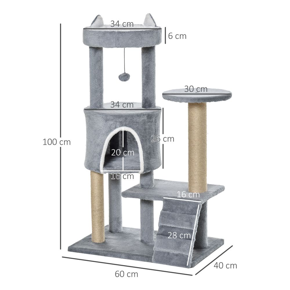 100cm Cat Tree with Climbing Ladder, Scratching Post and Ball- Light Grey