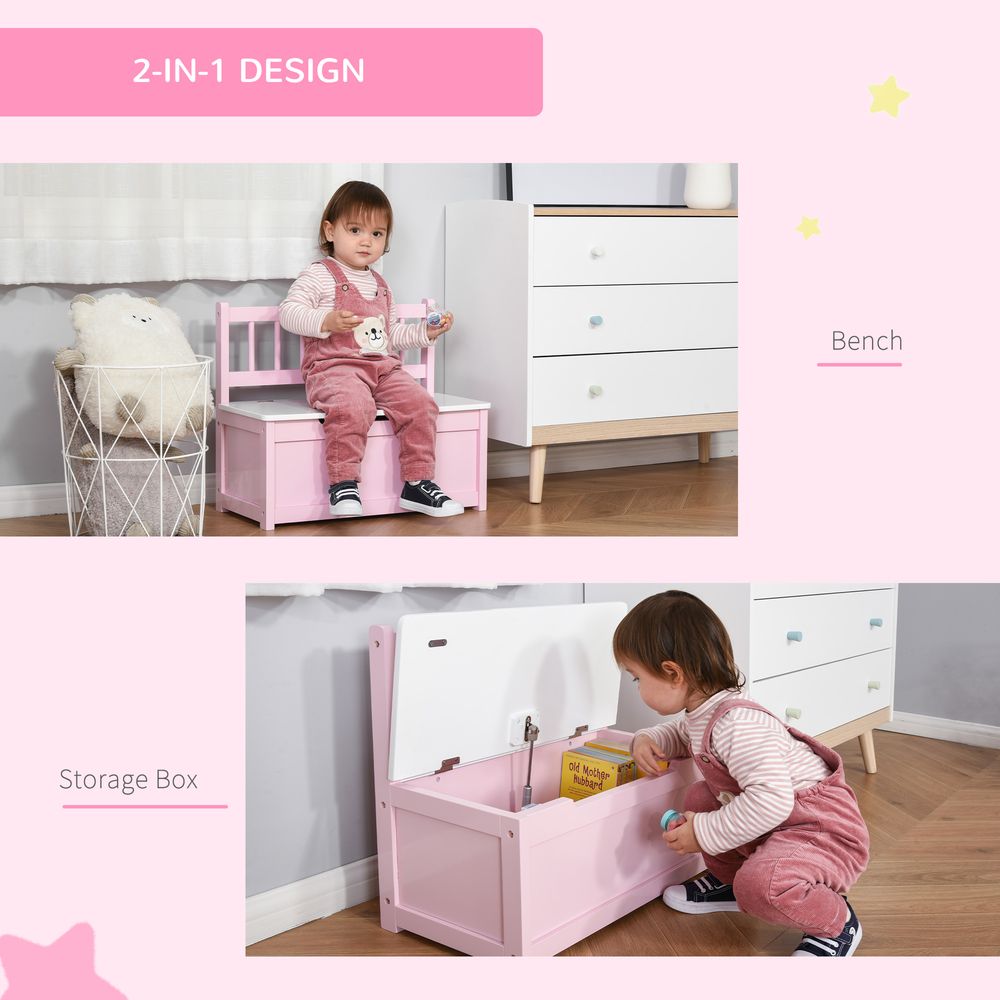 2 In 1 Wooden Toy Box, Seat Storage Bench, Storage Chest Cabinet Organiser, with Safety Pneumatic Rod - Pink