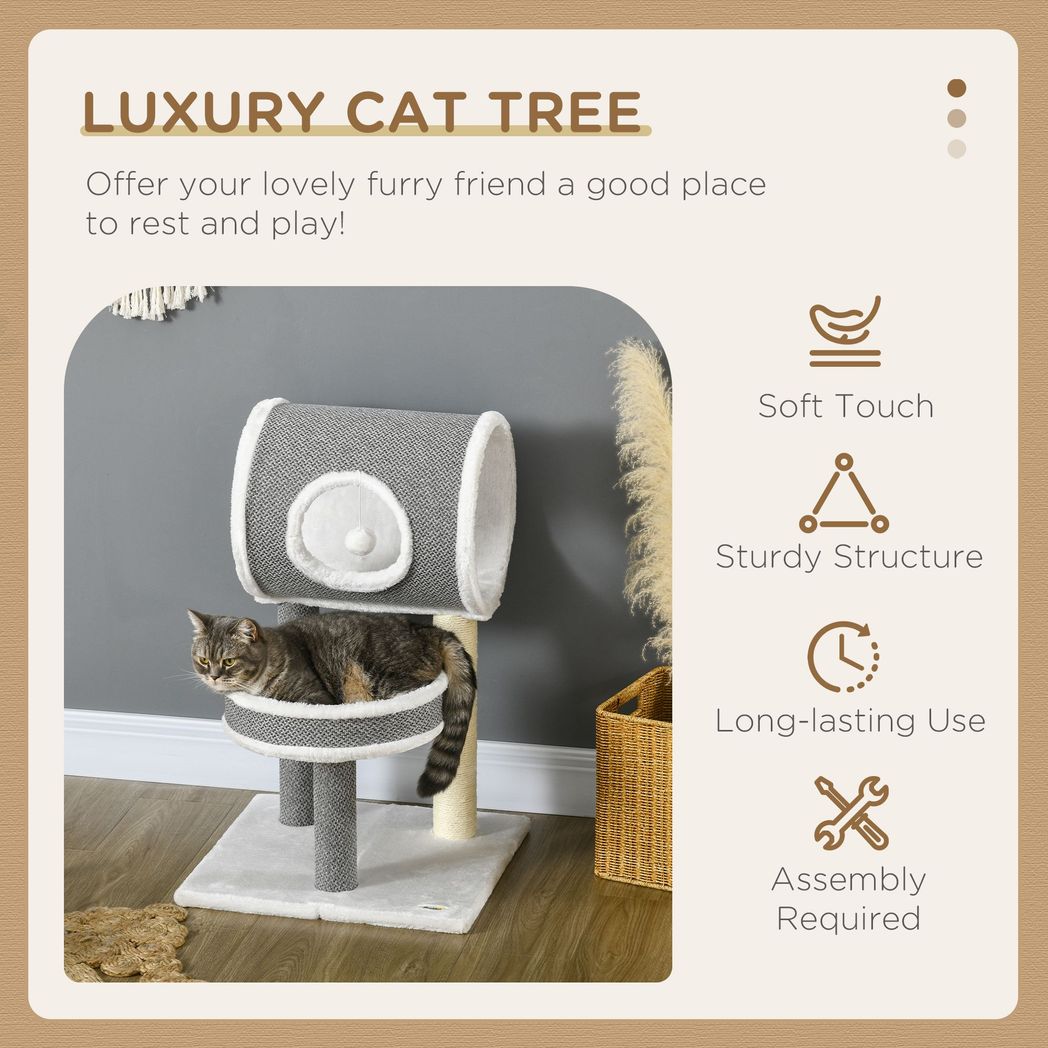 Cat Tower with Scratching Post, Cat Bed, Cat Tunnel, Toy Ball - White