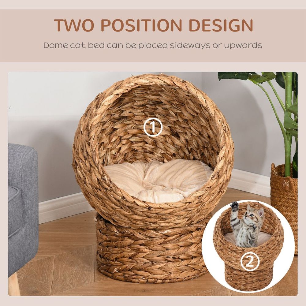 Wicker Cat House with Raised Cat Bed and Cylindrical Base - 42 x 33 x 52cm