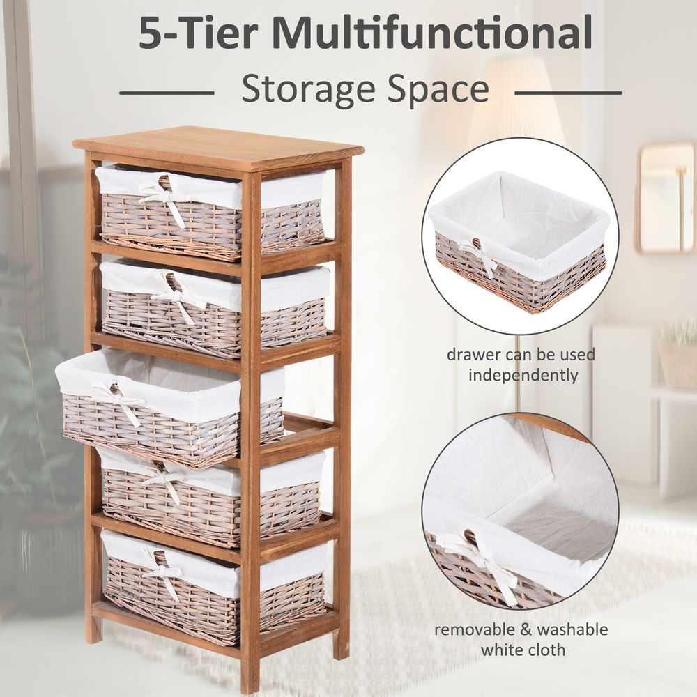 5 Drawer Storage Unit Wooden Frame With Wicker Woven Baskets