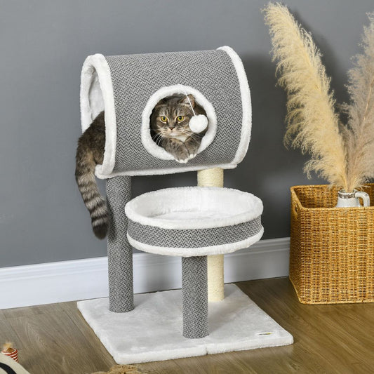 Cat Tower with Scratching Post, Cat Bed, Cat Tunnel, Toy Ball - White