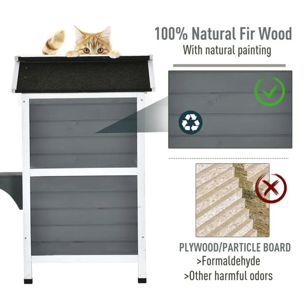 Grey Fir Wood Cat Condo with Openable Roof - Outdoor/Indoor