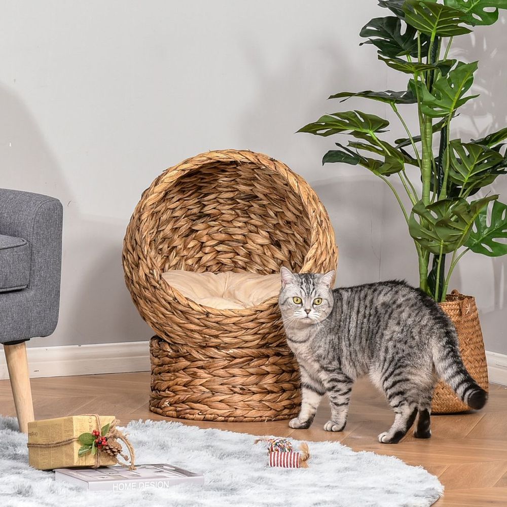 Wicker Cat House with Raised Cat Bed and Cylindrical Base - 42 x 33 x 52cm