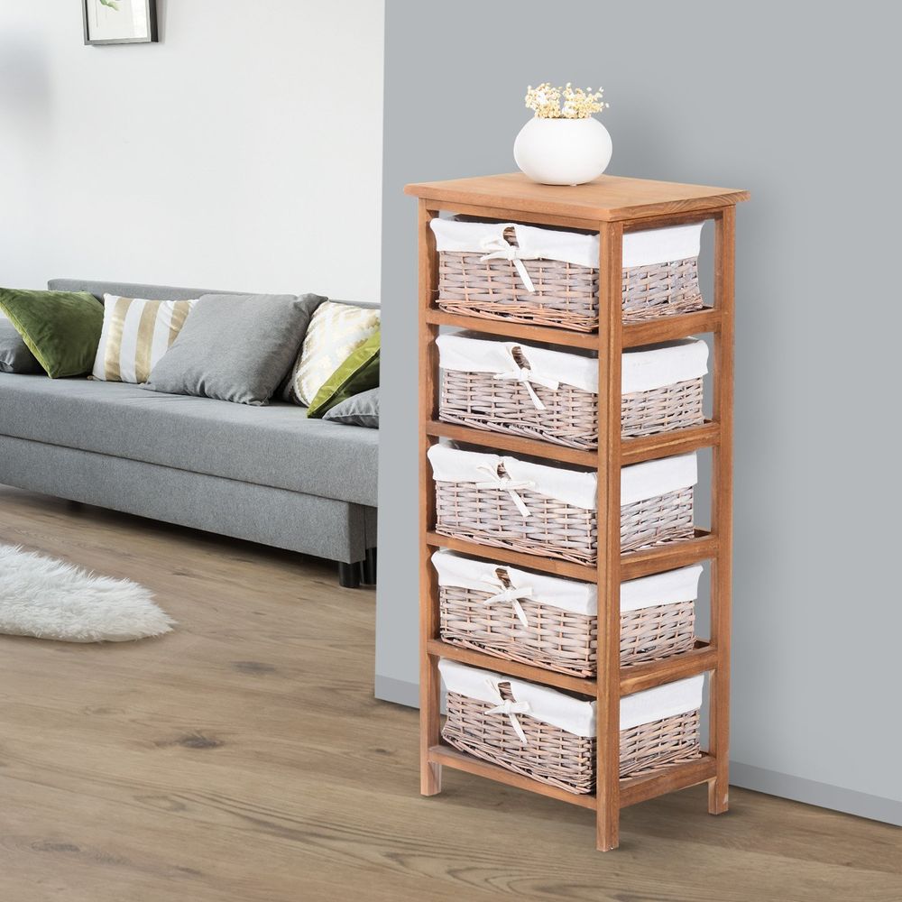 5 Drawer Storage Unit Wooden Frame With Wicker Woven Baskets