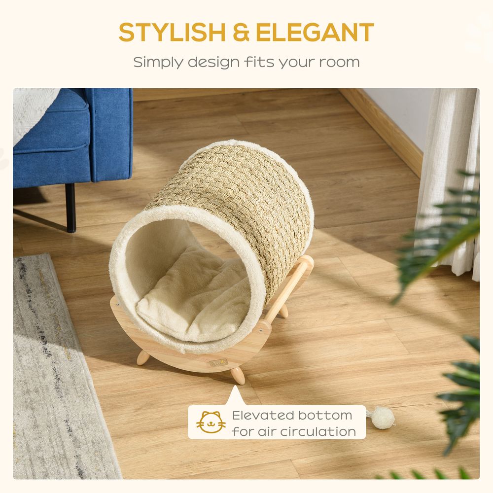 Elevated Cat House Kitten Bed Pet Shelter with Scratcher Cushion - Beige