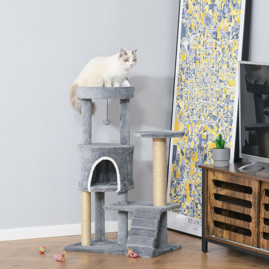 100cm Cat Tree with Climbing Ladder, Scratching Post and Ball- Light Grey