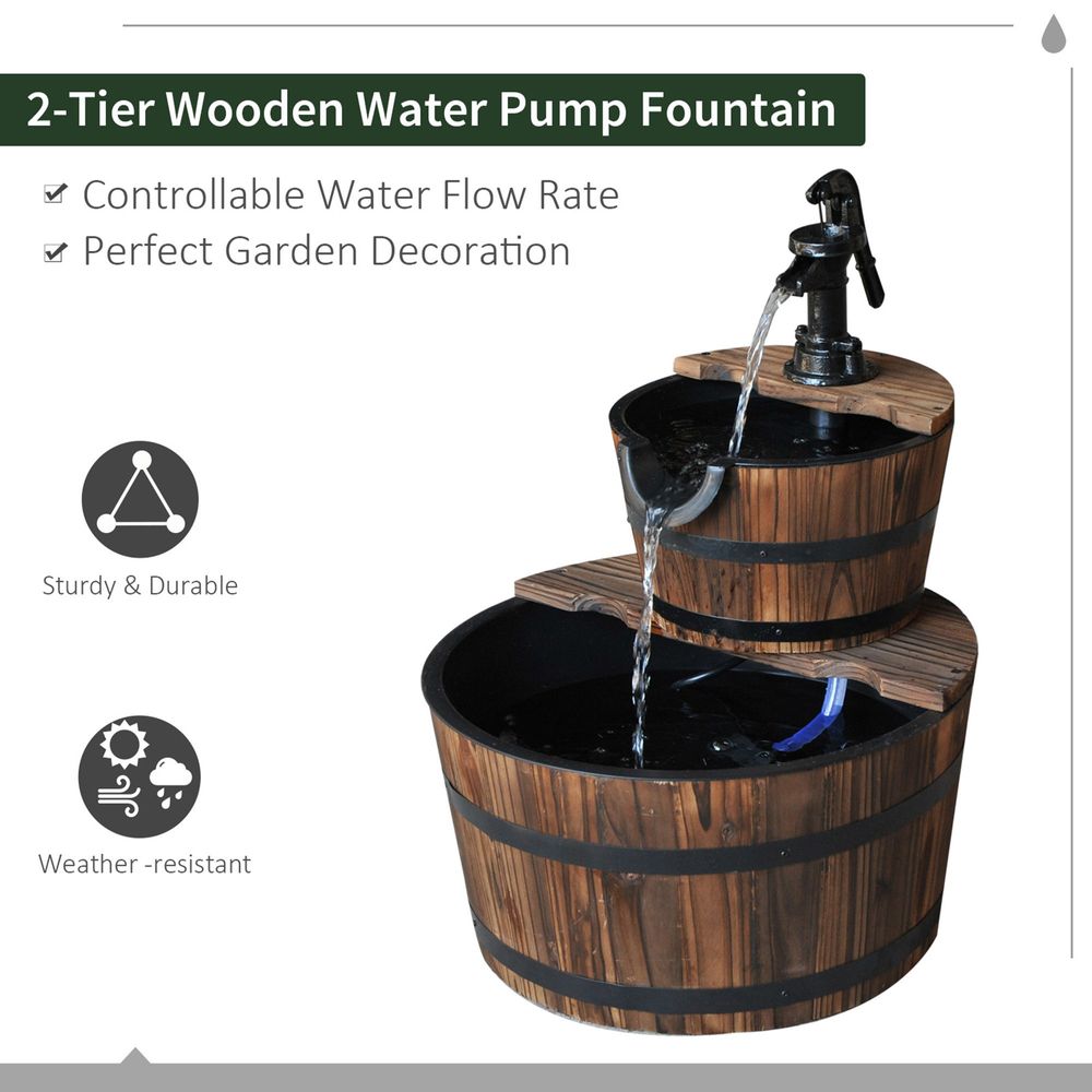 Wooden Water Pump Fountain, 2 Tier-Fir Wood/Steel