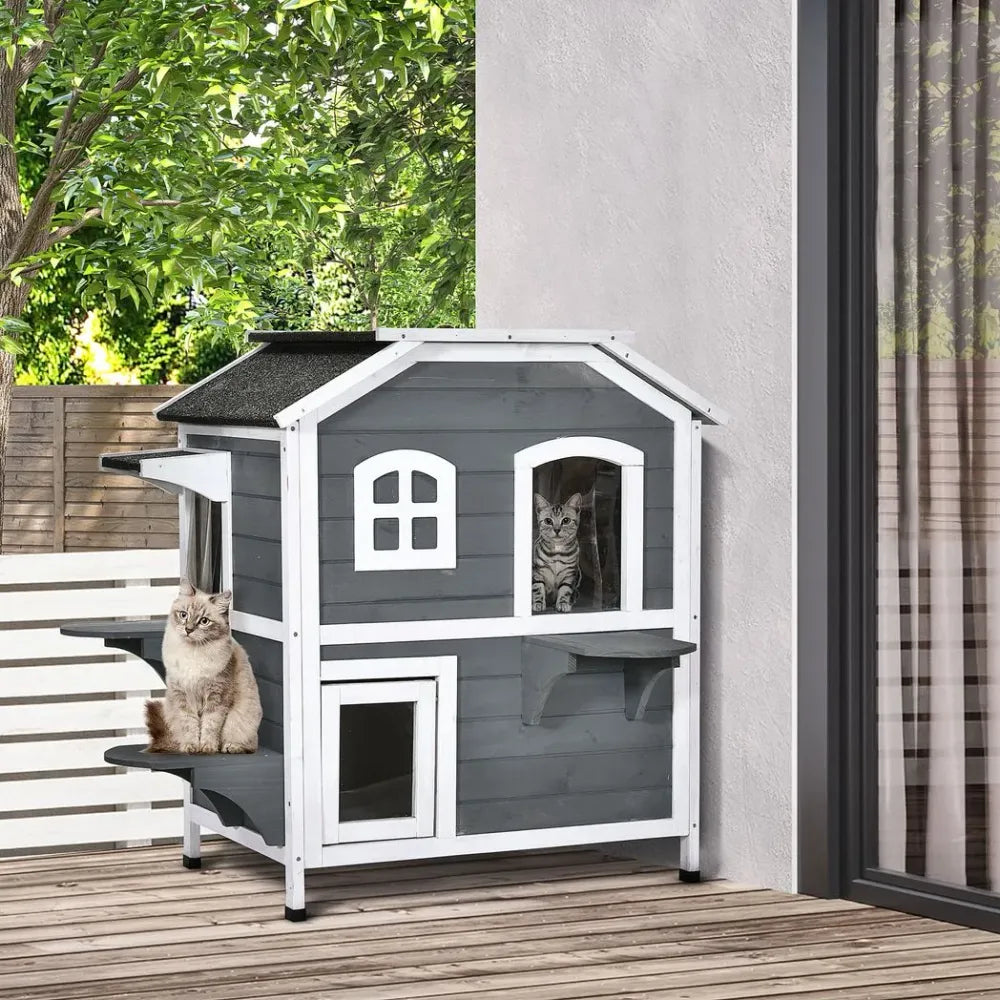 Grey Fir Wood Cat Condo with Openable Roof - Outdoor/Indoor