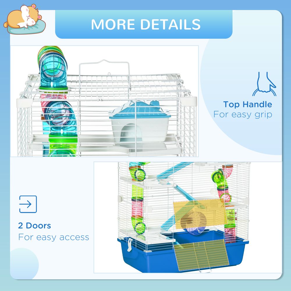 Five-Level Hamster Cage with Tubes, Water Bottle, Exercise Wheel, Ramps - Blue