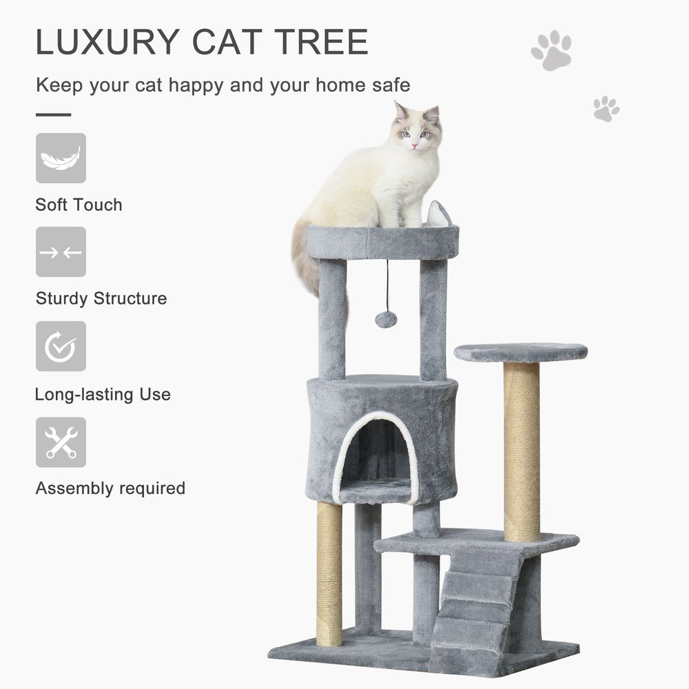 100cm Cat Tree with Climbing Ladder, Scratching Post and Ball- Light Grey