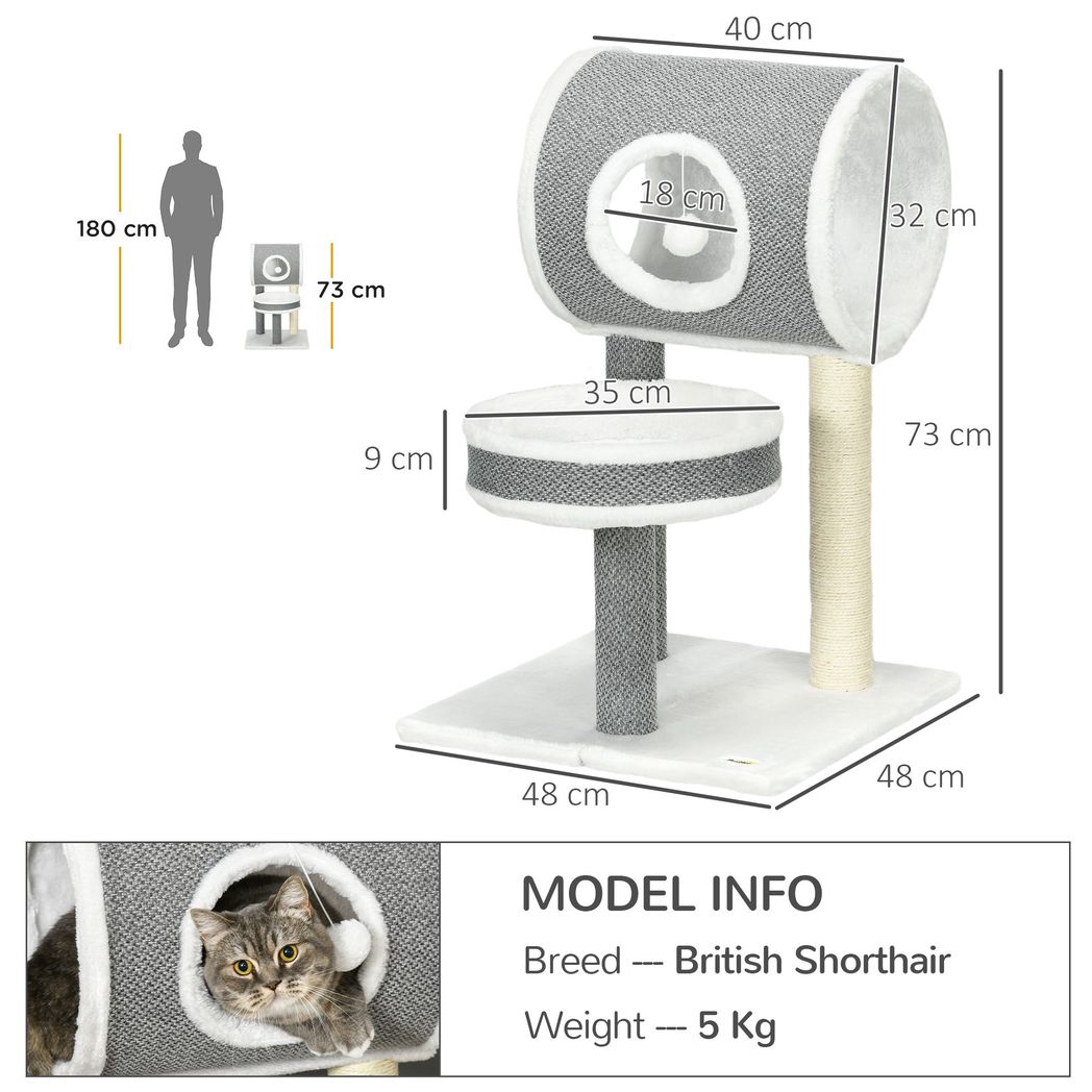 Cat Tower with Scratching Post, Cat Bed, Cat Tunnel, Toy Ball - White