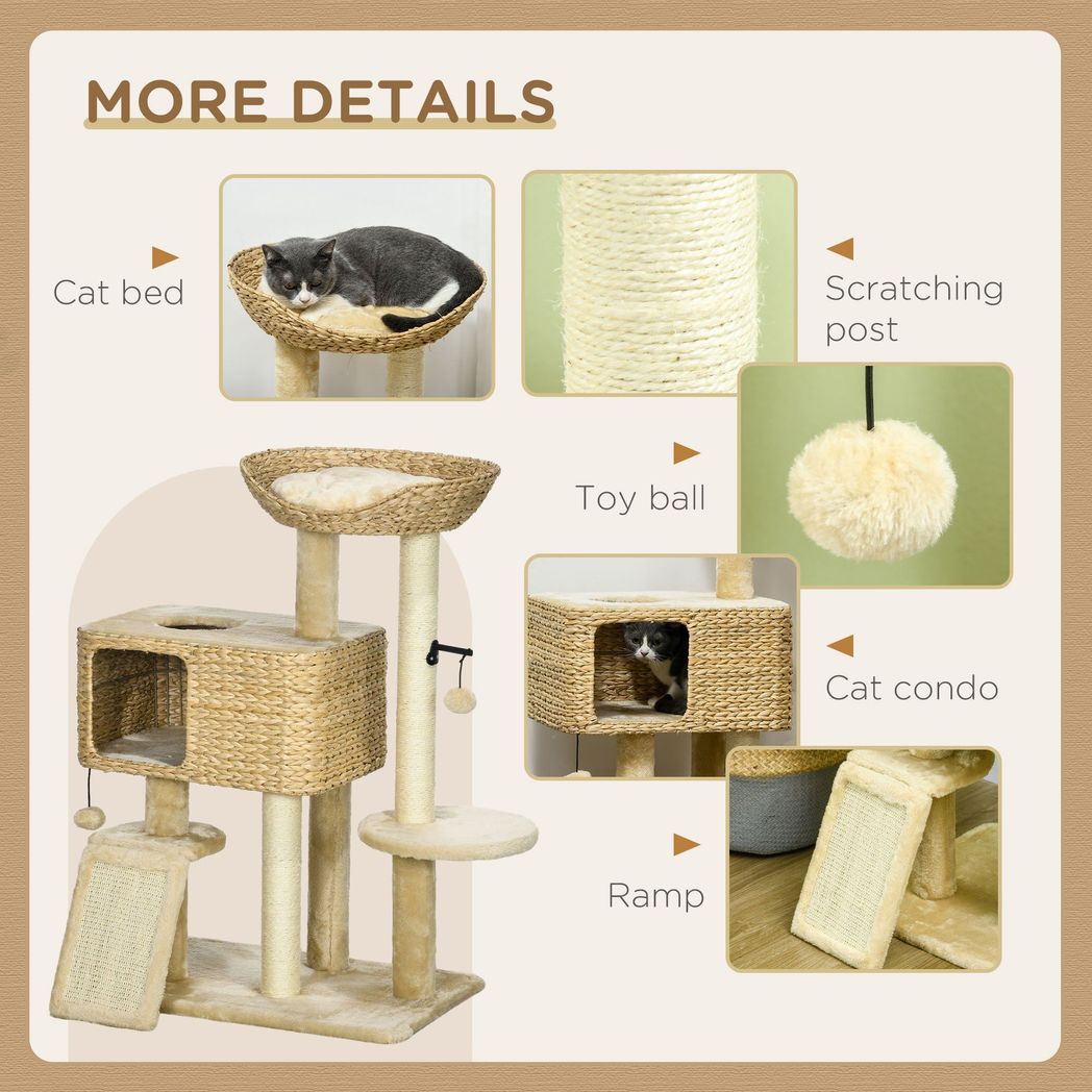 95cm Cat Tree Tower with Scratching Post, Cat House, Ball and Platform - Beige