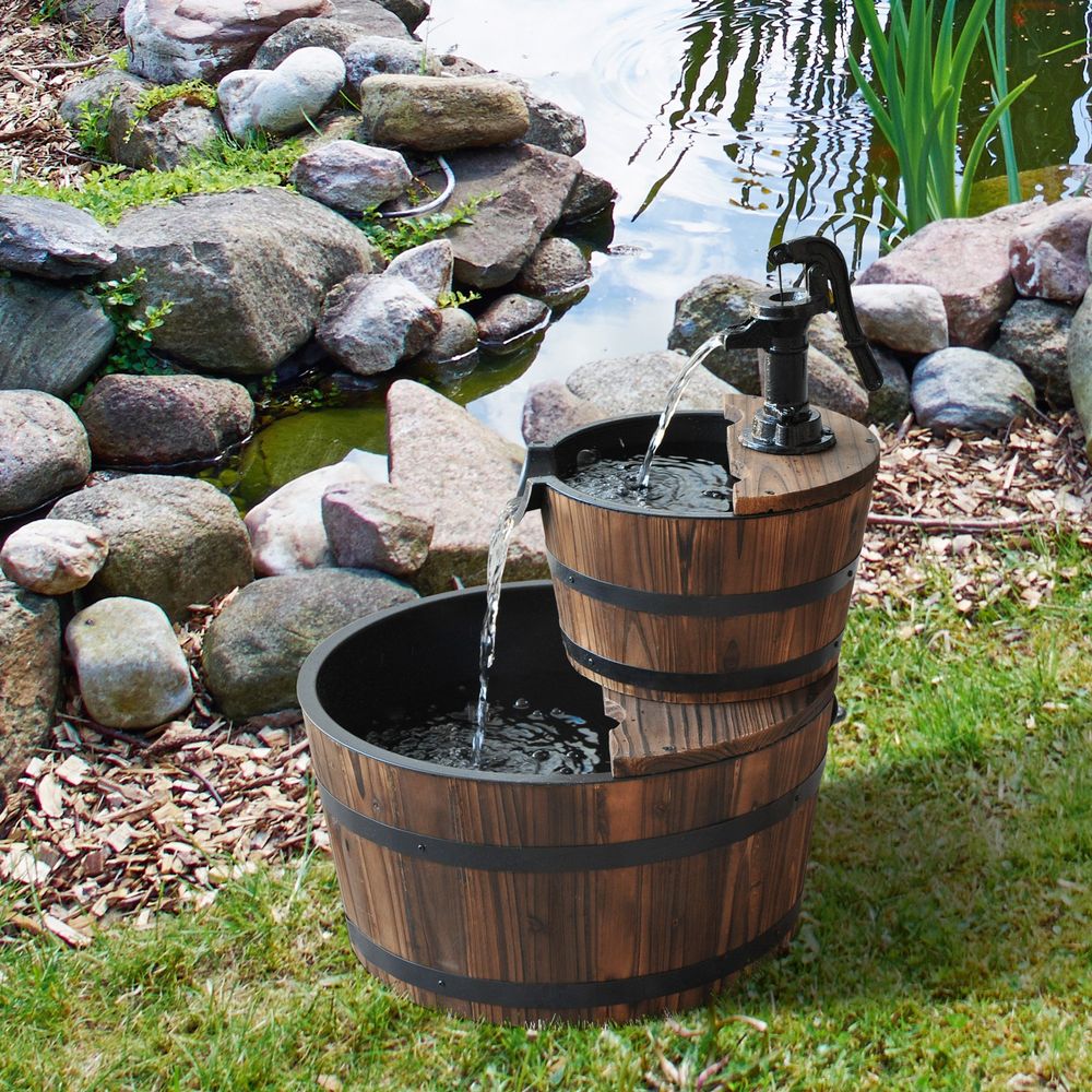 Wooden Water Pump Fountain, 2 Tier-Fir Wood/Steel