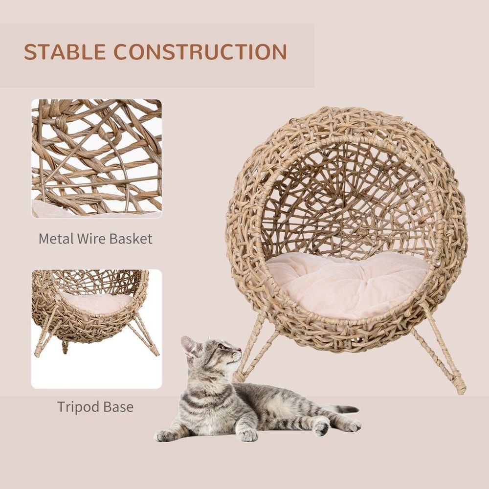 Wicker Cat House, Ball-Shaped Rattan Raised Cat Bed - Natural Wood Finish