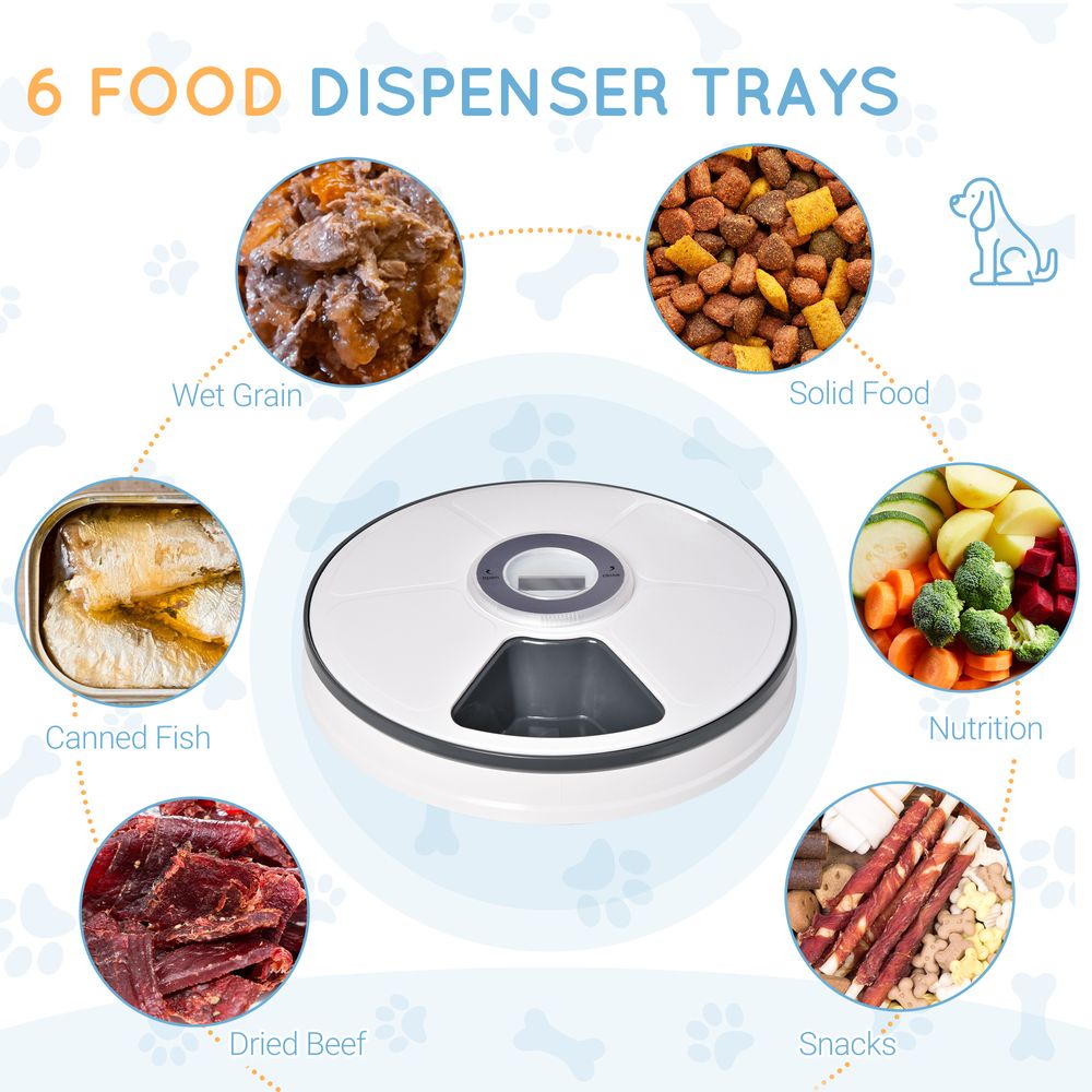 Automatic Pet Feeder with Digital Timer Six-Meal Food Dispenser Trays - White