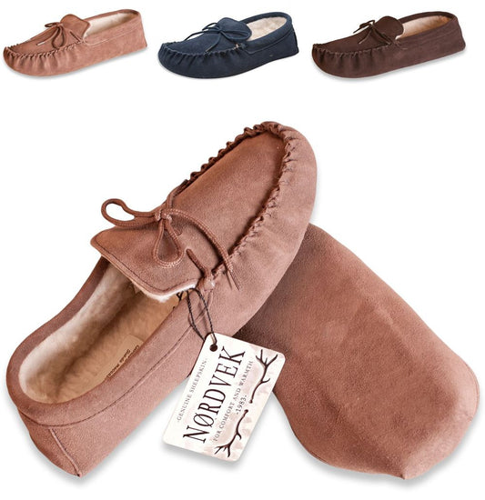 Nordvek Womens Sheepskin Suede Moccasin Slippers With Suede Sole