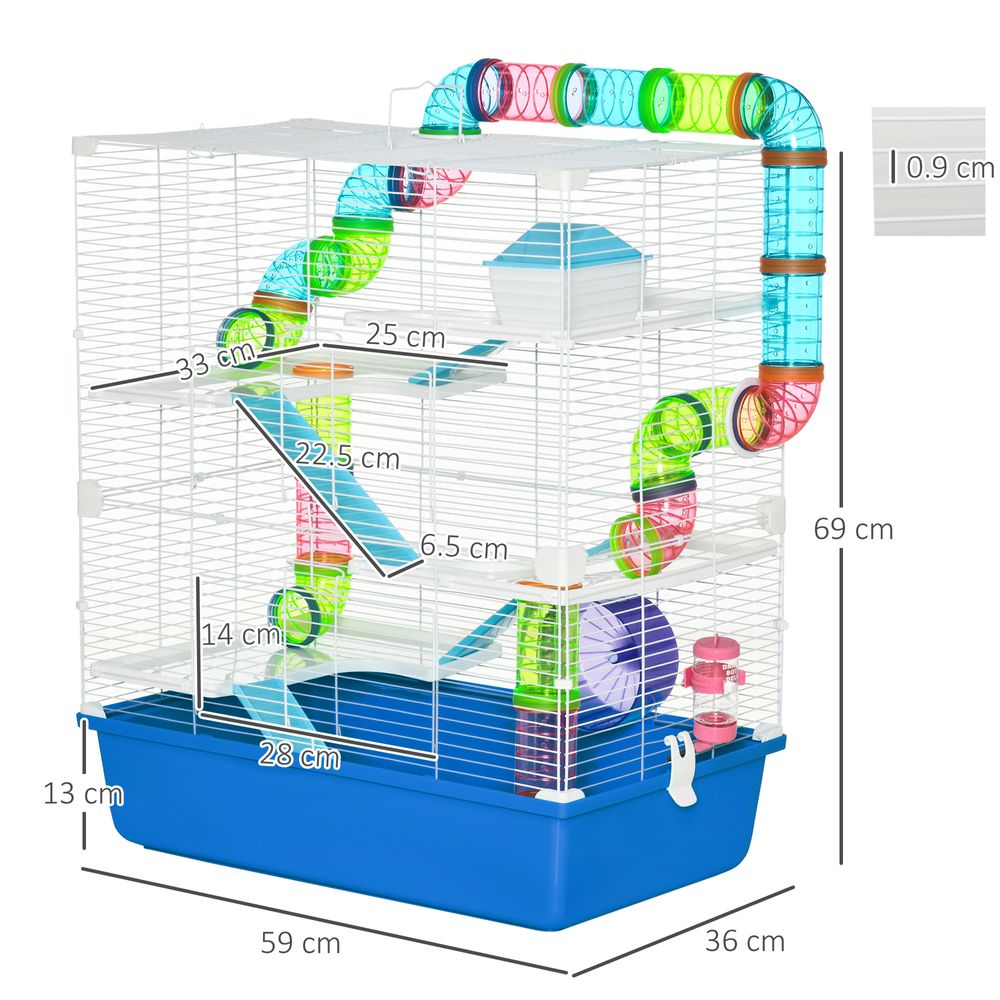 Five-Level Hamster Cage with Tubes, Water Bottle, Exercise Wheel, Ramps - Blue