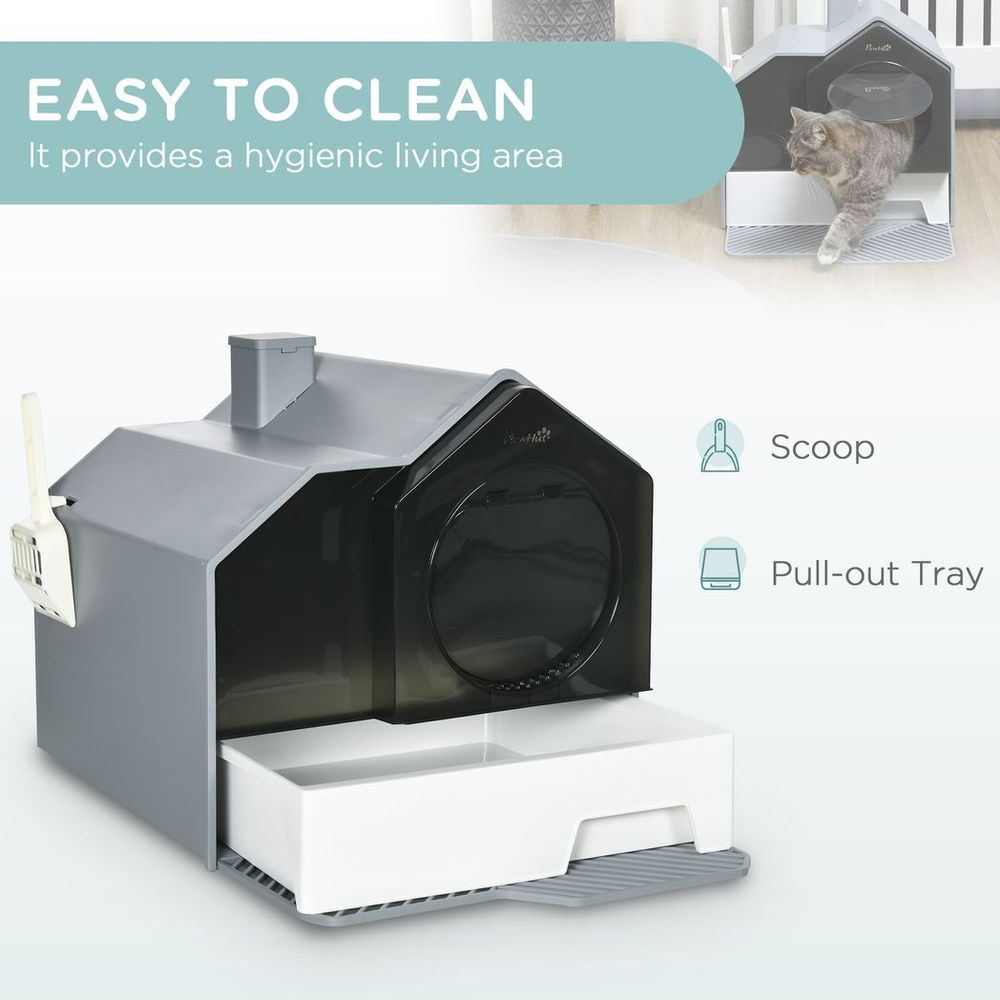 Hooded Cat Litter Tray with Scoop Drawer Pan