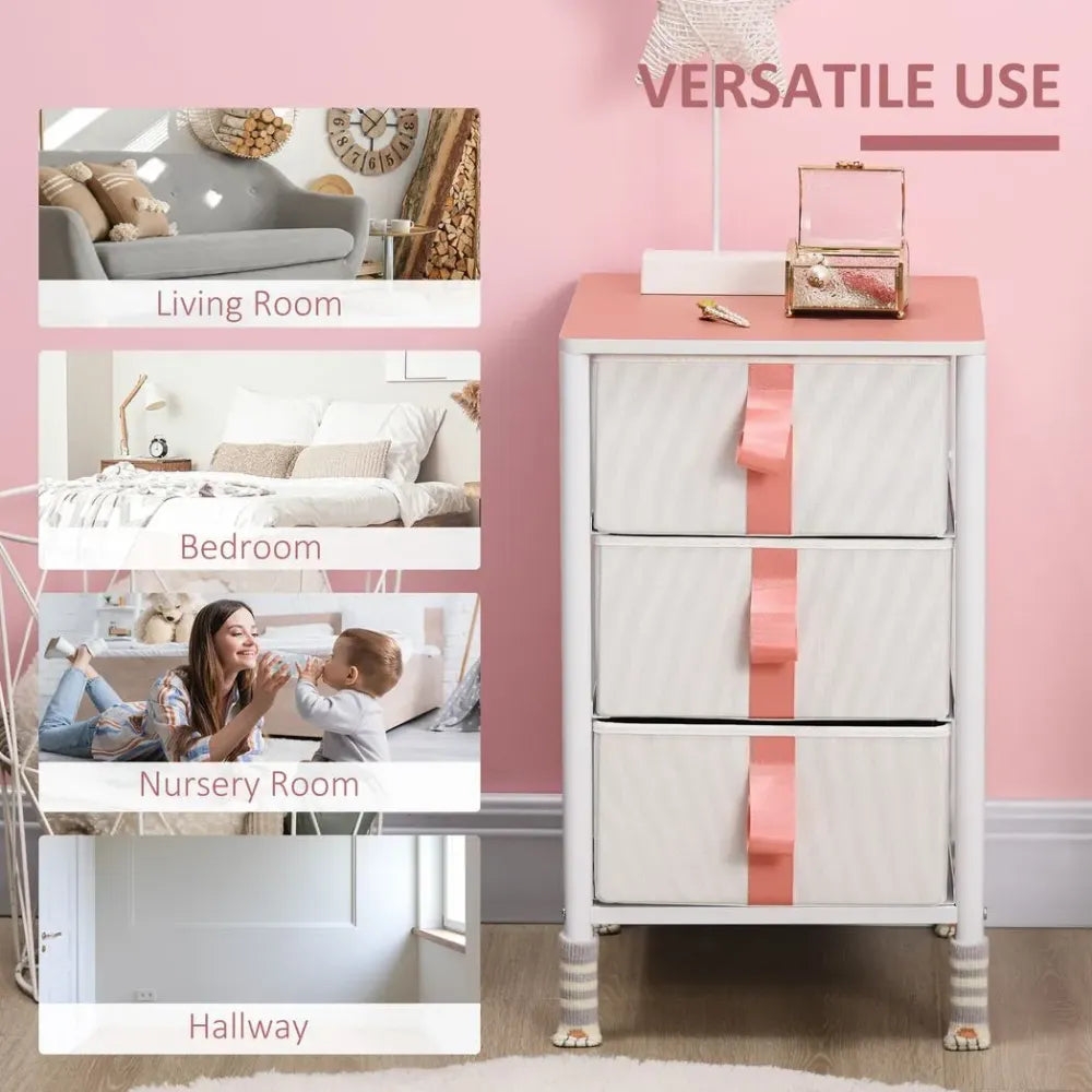 Chest of Cloth Drawers with 3 Fabric Drawers, Metal Frame. Nursery Room