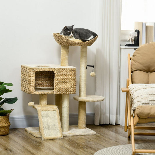 95cm Cat Tree Tower with Scratching Post, Cat House, Ball and Platform - Beige