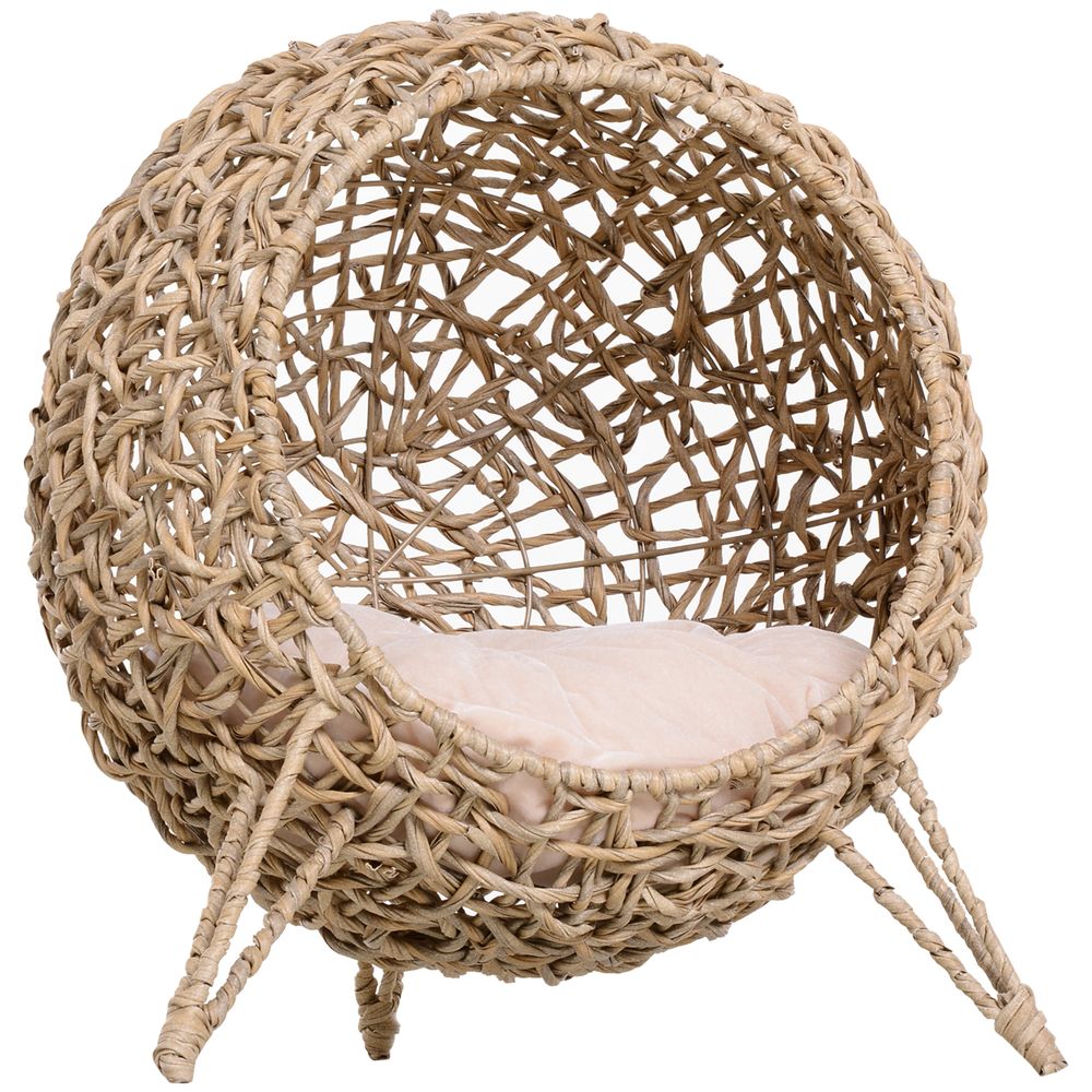 Wicker Cat House, Ball-Shaped Rattan Raised Cat Bed - Natural Wood Finish