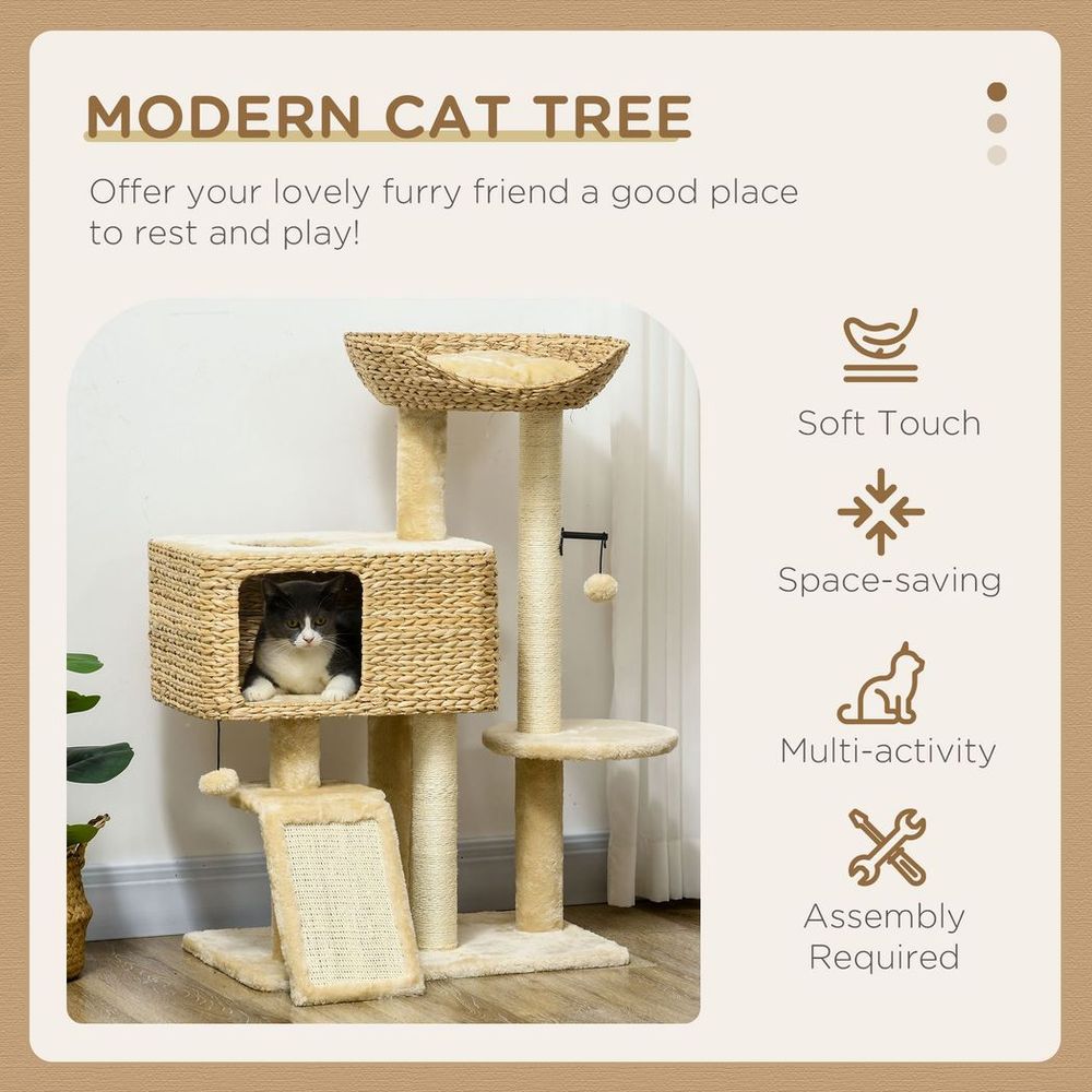 95cm Cat Tree Tower with Scratching Post, Cat House, Ball and Platform - Beige