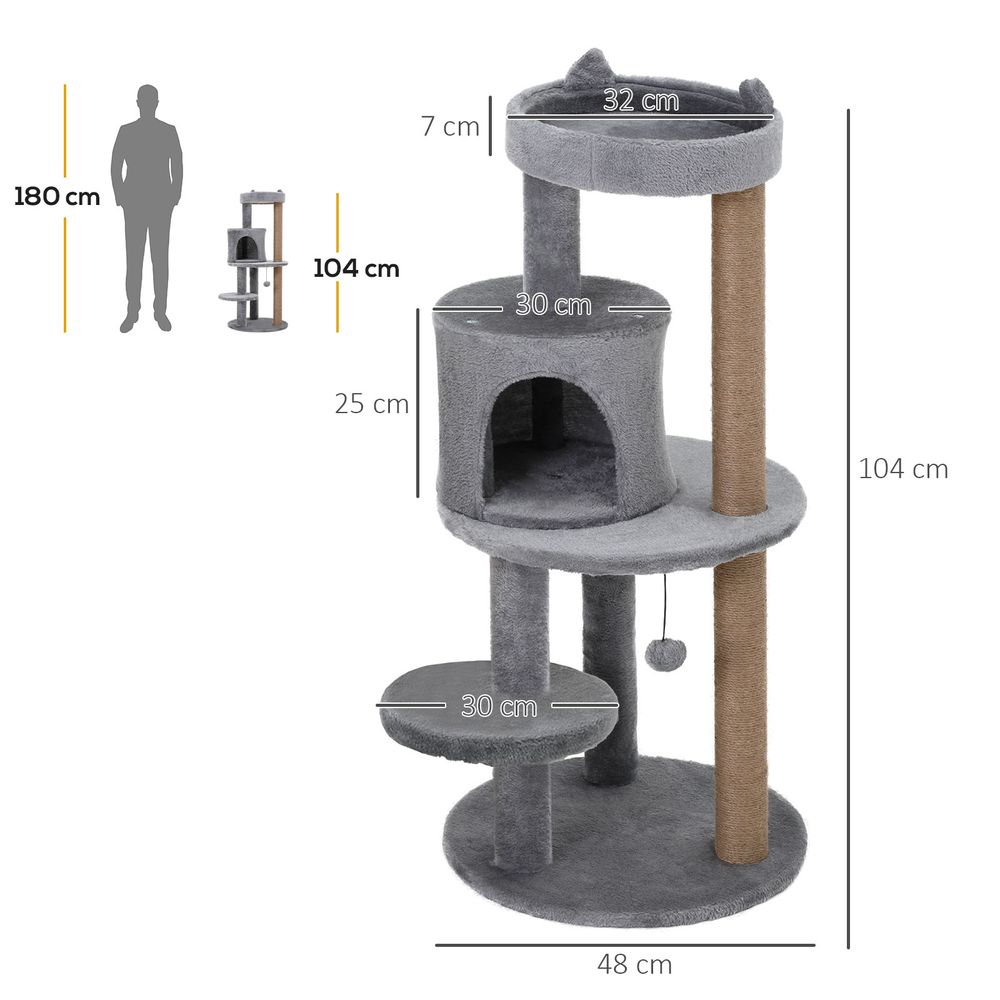 104cm Deluxe Cat Activity Tree with Scratching Posts Ear Perch House - Grey