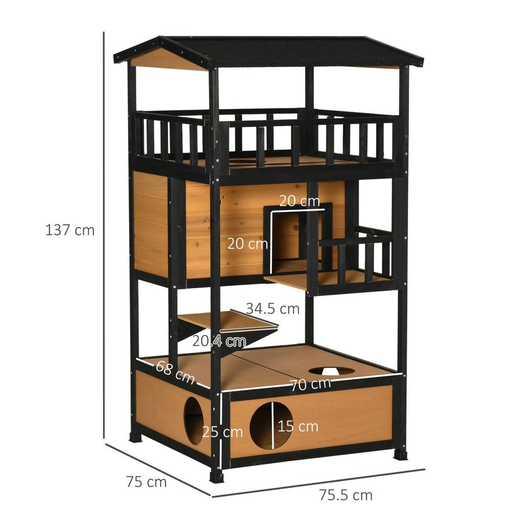 Wooden Outdoor Cat House 3-Tier Kitten Shelter with Tilted Roof Yellow