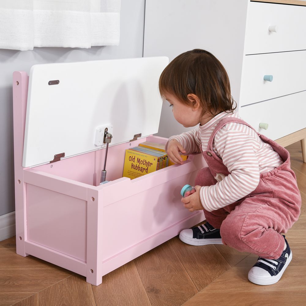 2 In 1 Wooden Toy Box, Seat Storage Bench, Storage Chest Cabinet Organiser, with Safety Pneumatic Rod - Pink