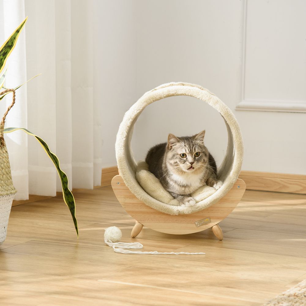 Elevated Cat House Kitten Bed Pet Shelter with Scratcher Cushion - Beige