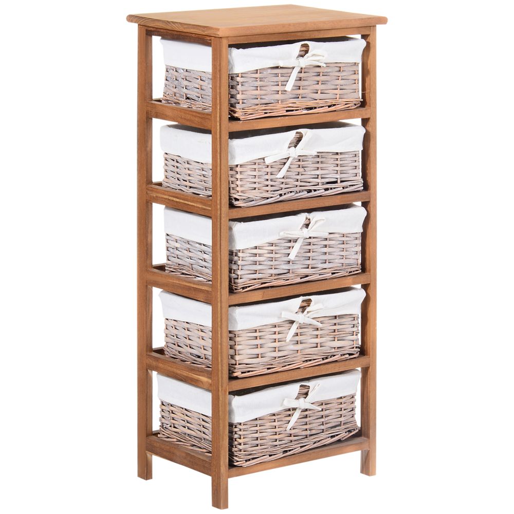 5 Drawer Storage Unit Wooden Frame With Wicker Woven Baskets