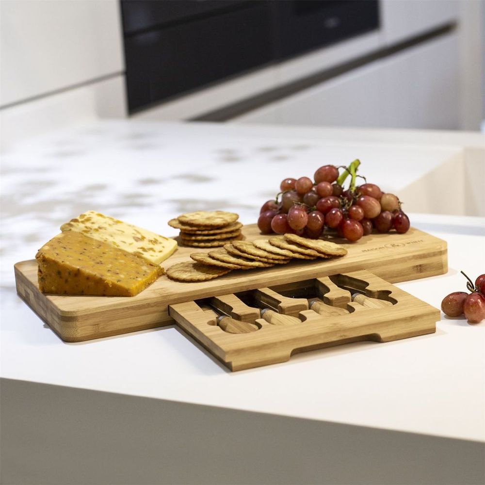 Bamboo Cheese Board Serving Platter With Knife Set